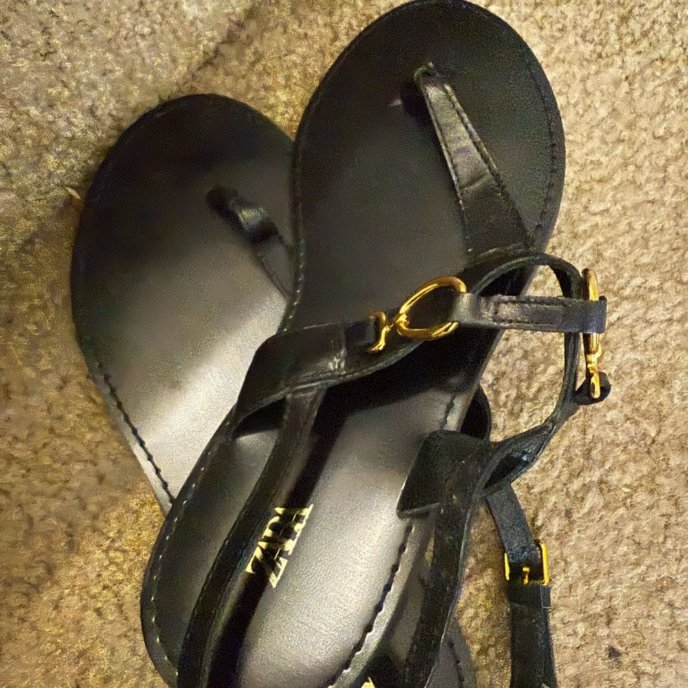 Zara Black Sandals with Gold Accents 36